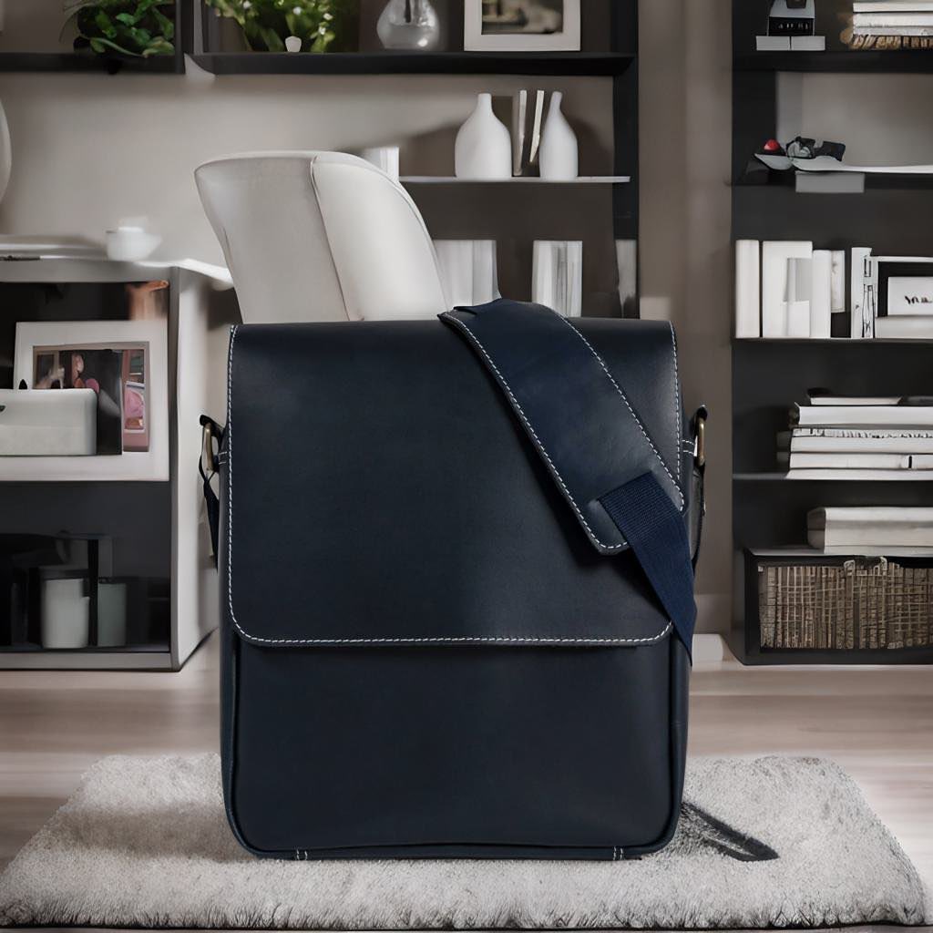 Zipper crossover Genuine Leather Cross Body Bag Midnight Blue