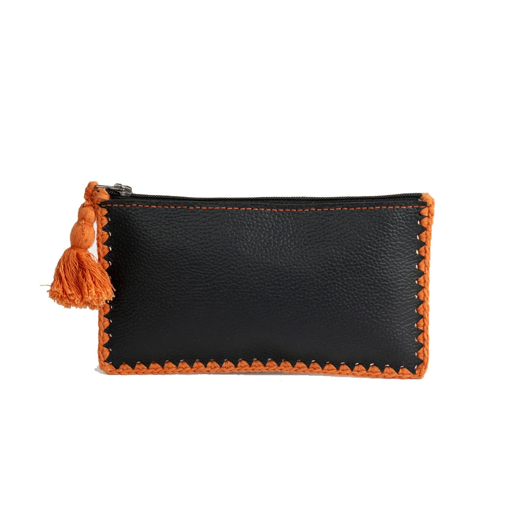 Handcrafted Upcycled Pouch/Clutch - Classic Black & Yellow Tassle