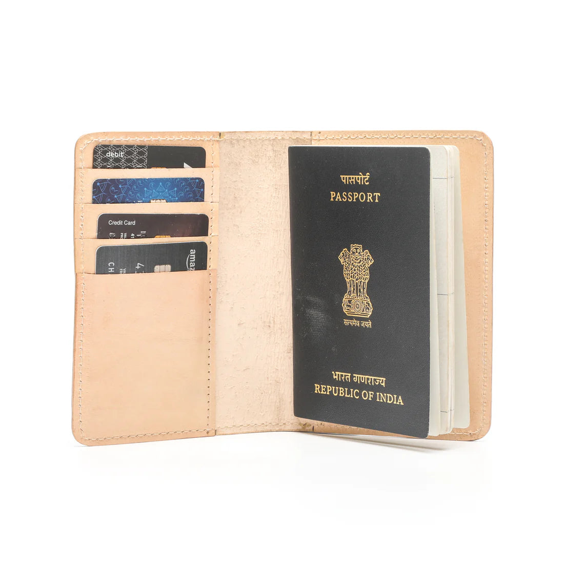 Inside view of the passport cover with orginal passport and cards to show what it will be like to use the cover.