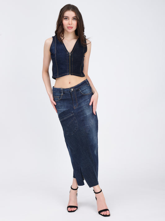 FRONT SLIT SKIRT  (DARK BLUE)