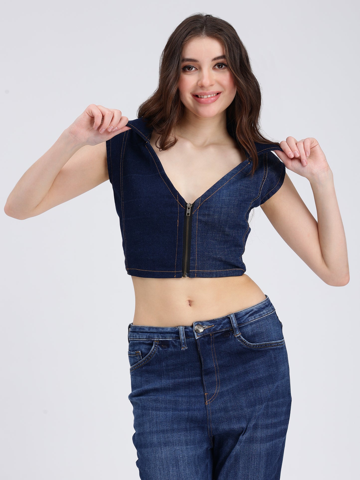FRONT ZIPPER  COLLAR TOP  (DARK)