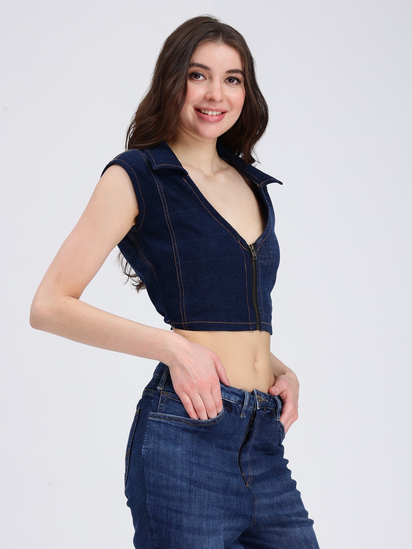 FRONT ZIPPER  COLLAR TOP  (DARK)