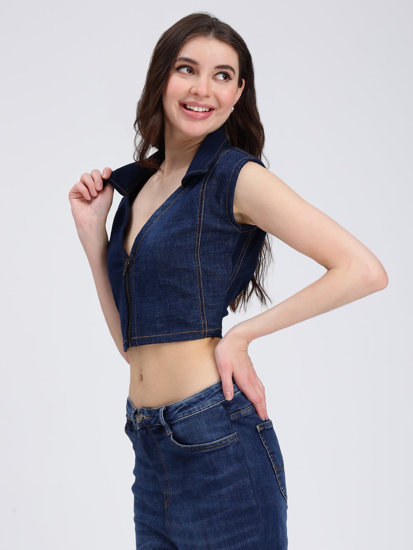 FRONT ZIPPER  COLLAR TOP  (DARK)