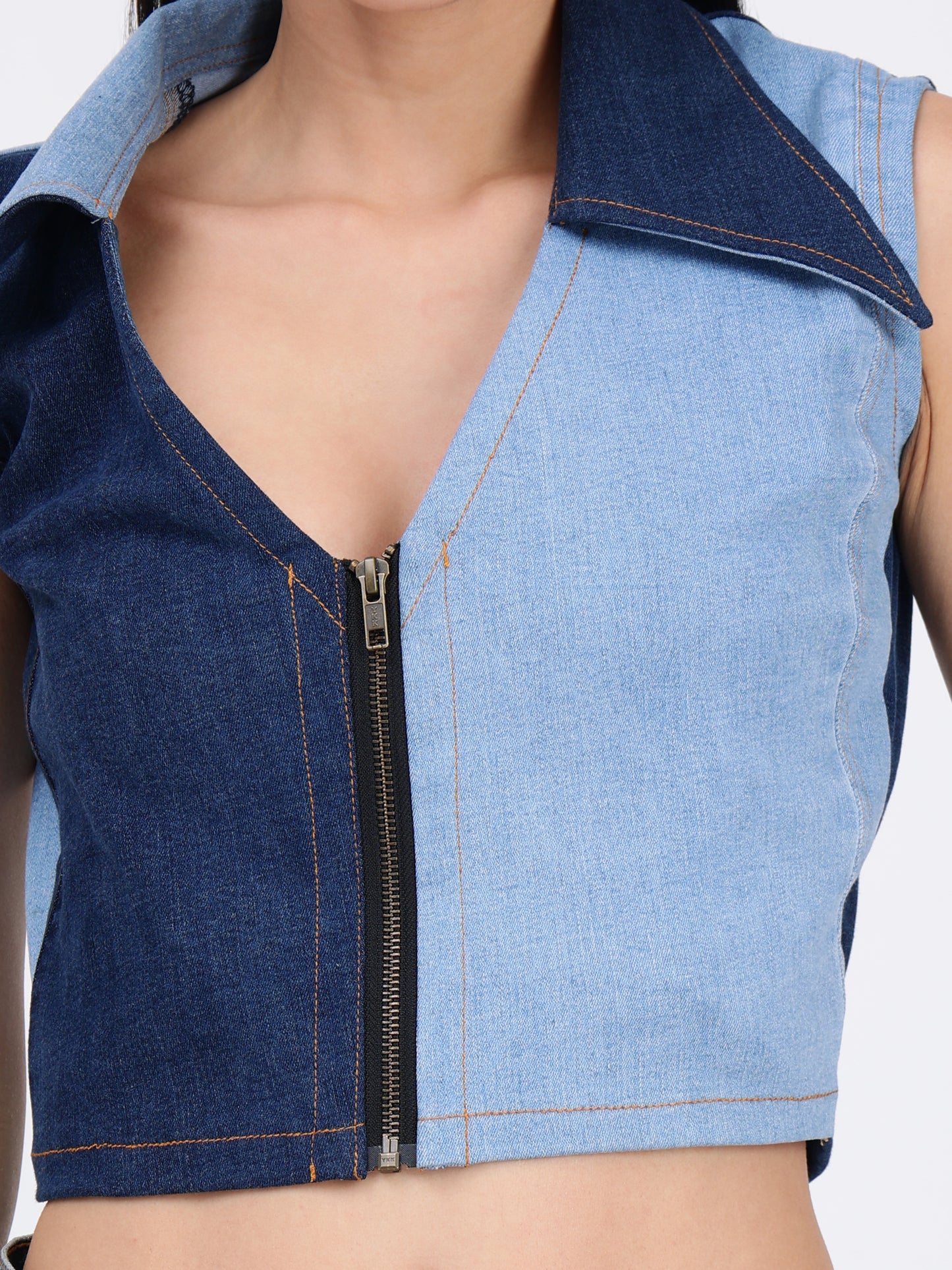 FRONT ZIPPER  COLLAR TOP  (DOUBLE  COLOURED)