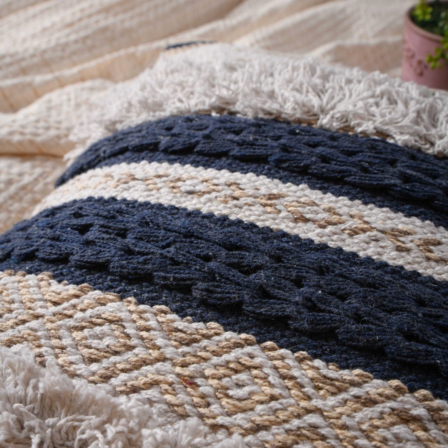 Cotton Handwoven/Handloom Contemporary Cushion Cover – Fringee (Set Of Two)