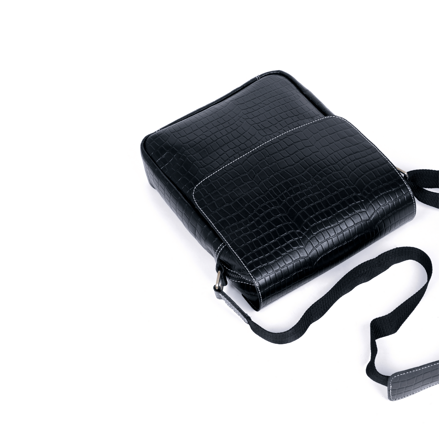 Zipper crossover Genuine Leather Cross Body Bag Ebony Black
