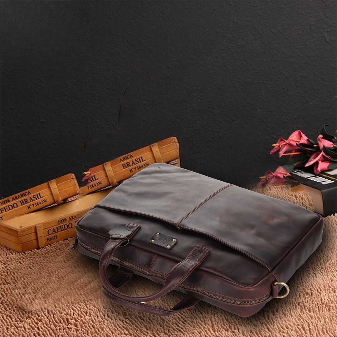 Elite Slimcase Genuine Leather Laptop Brief Case Muddy Brown
