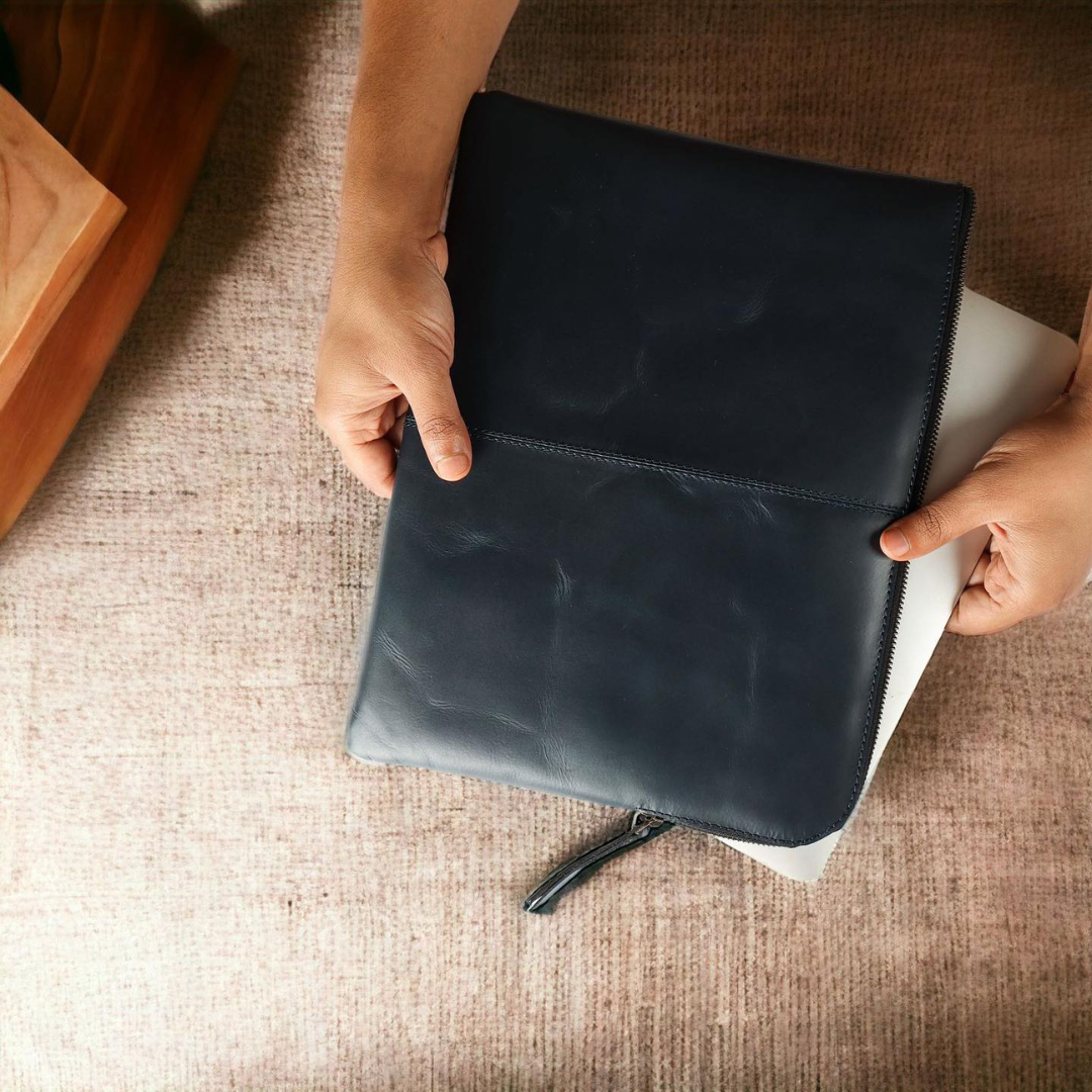 Sleek Macbook Sleeve Genuine Leather Laptop Bag Midnight Blue